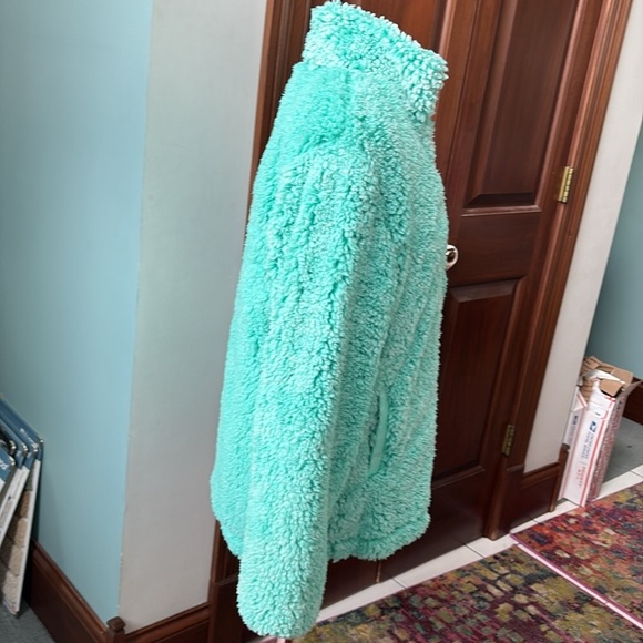 Katydid fleece jacket Faux fur Mint/ white ends add shimmer full zip front szM - Picture 5 of 13
